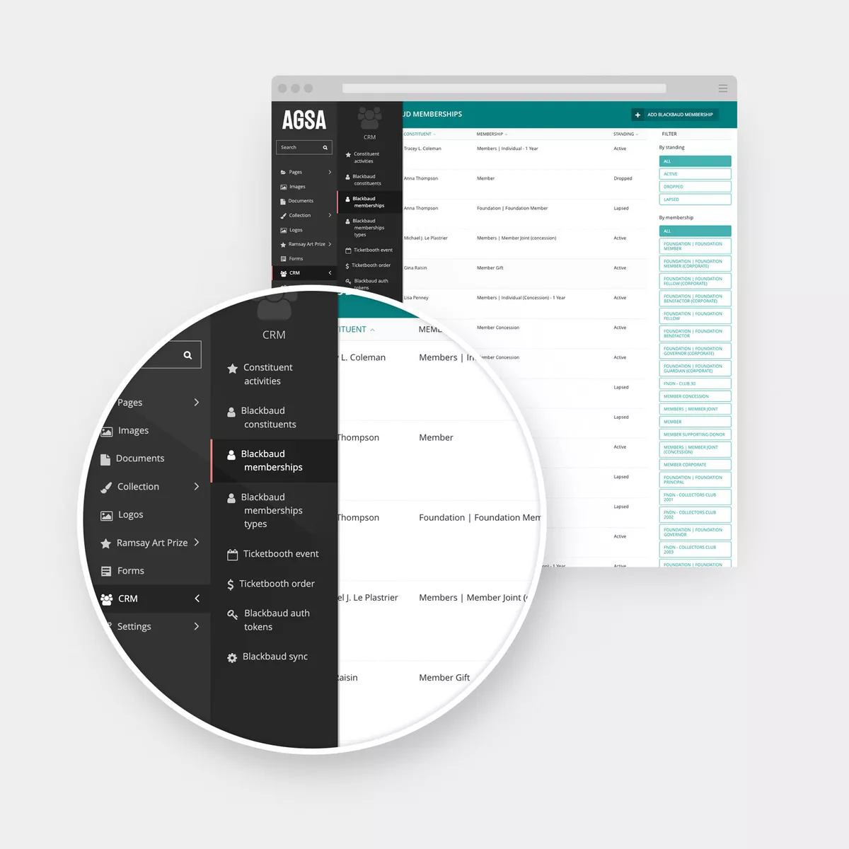 Screenshot of the AGSA website CMS with detail of the CRM integration panel