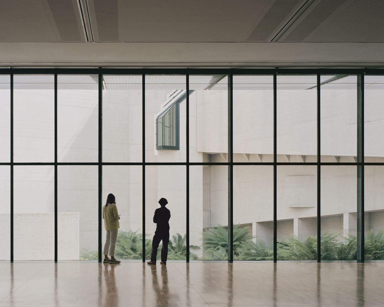 Two visitors gaze through the window from the inside of the National Gallery