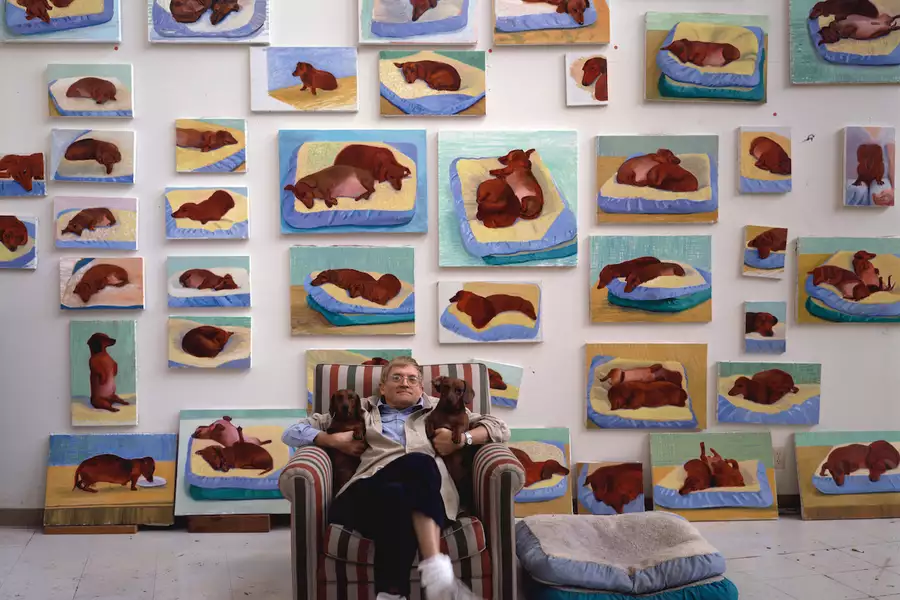 David Hockney sat on a striped arm chair with his two dogs. The wall behind him is filled with his paintings of the dogs.