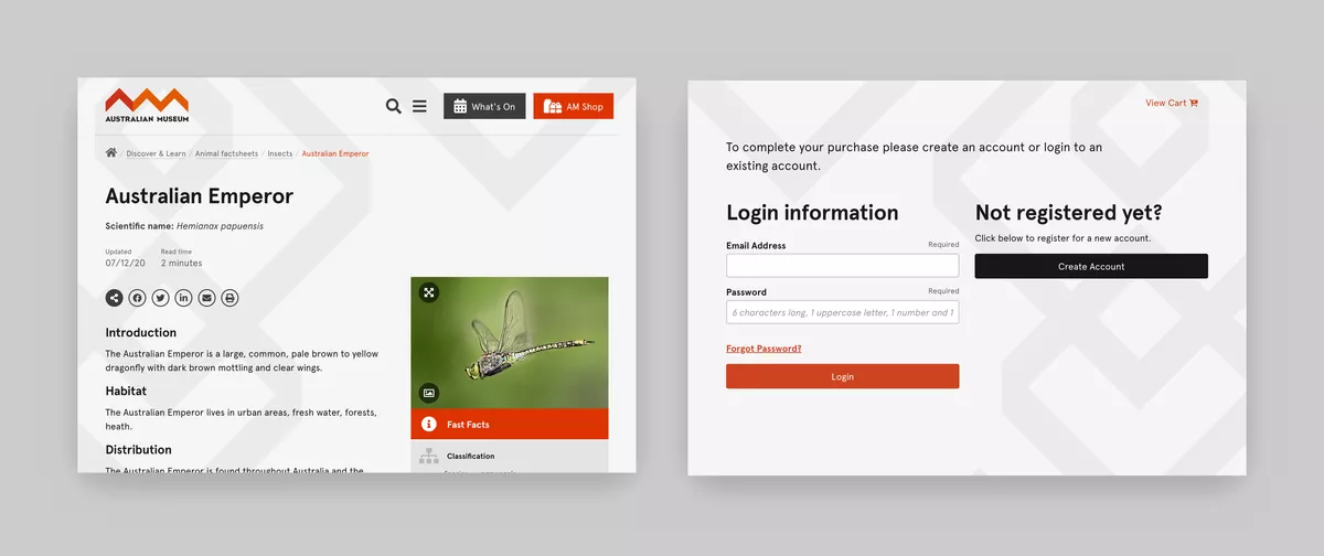 Side-by-side screenshots of the Australian Museum website and TNEW login screen