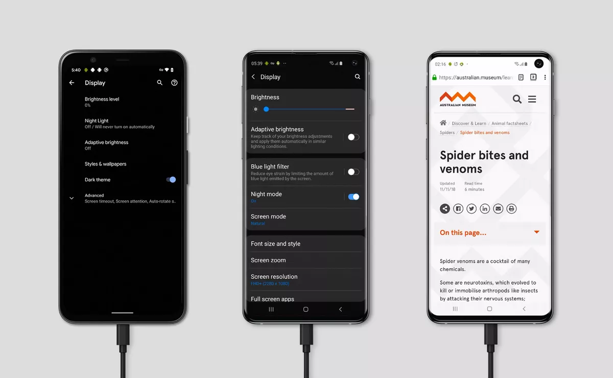 Screenshot of a Samsung Galaxy in Night Mode with the Australian Museum website in Google Chrome