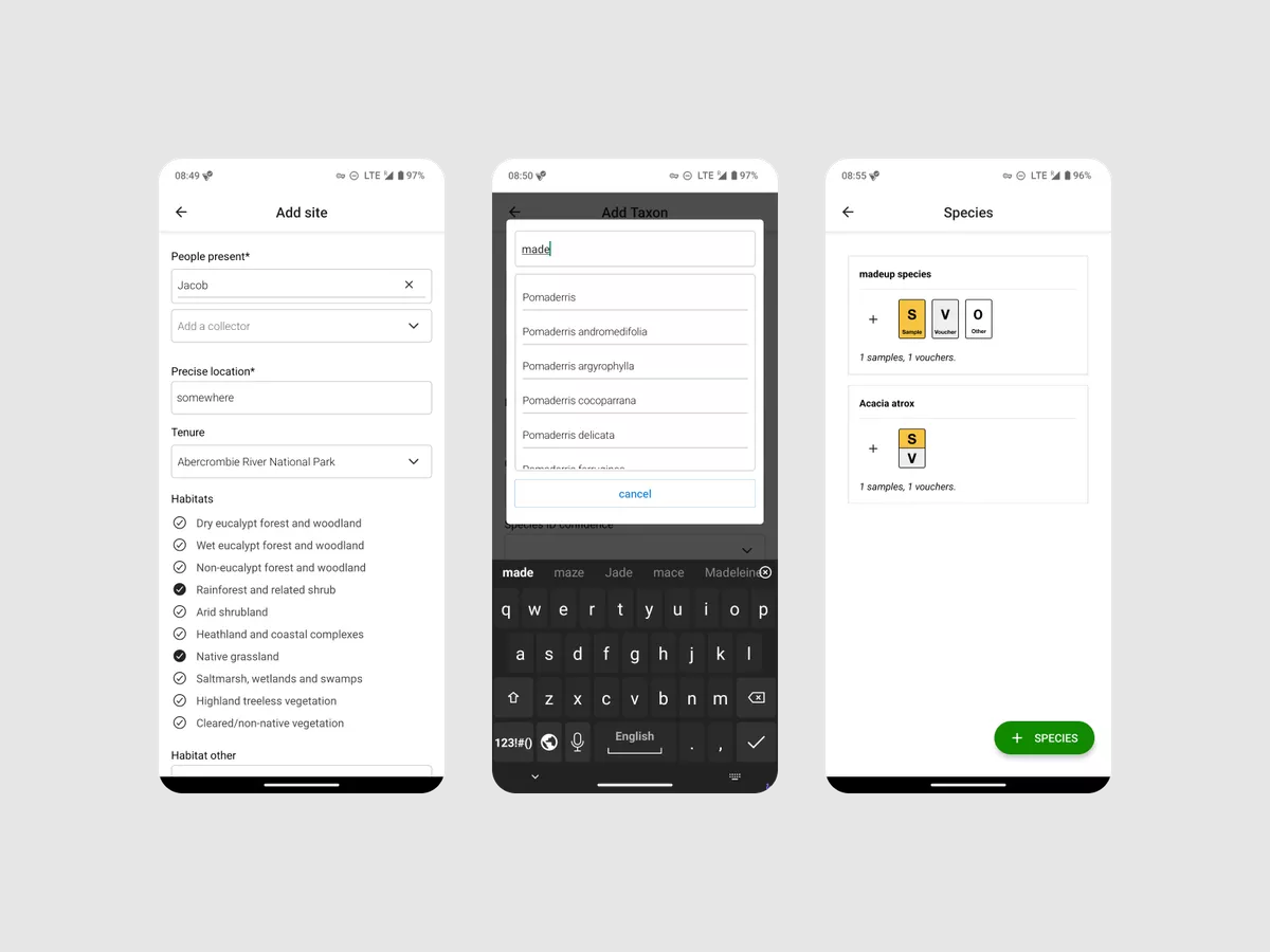 Screenshots from the Botanic Gardens of Sydney Mobile App showing screens to add a Site, Taxon and Species as part of a controlled vocabulary