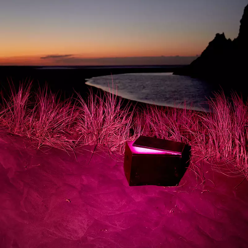 An open capsule on a beach at night. The image has a pink hue.