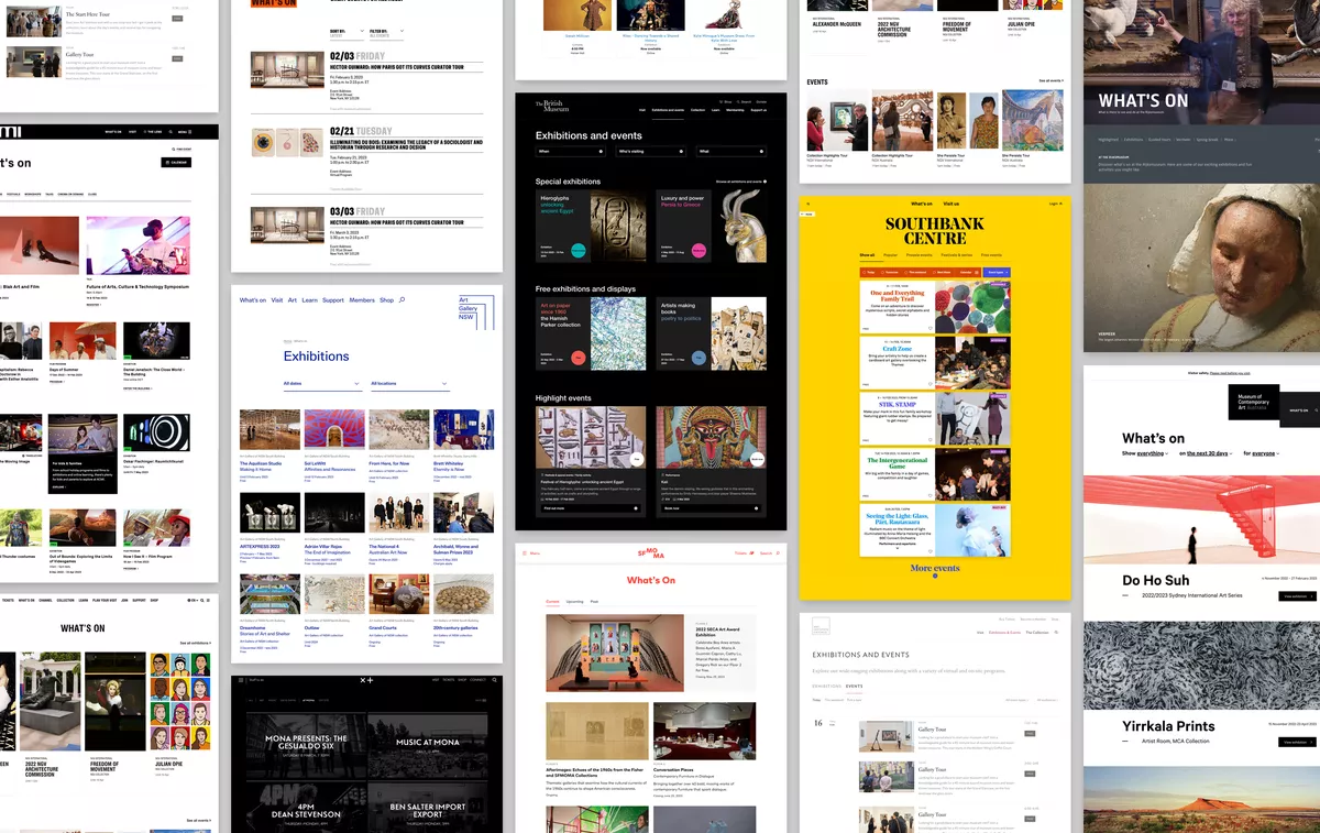 Screenshots of various What's On pages from museum and gallery websites