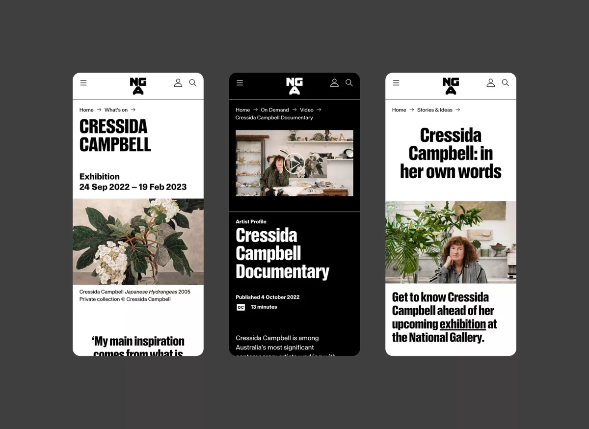 Screenshots of the NGA website in mobile view