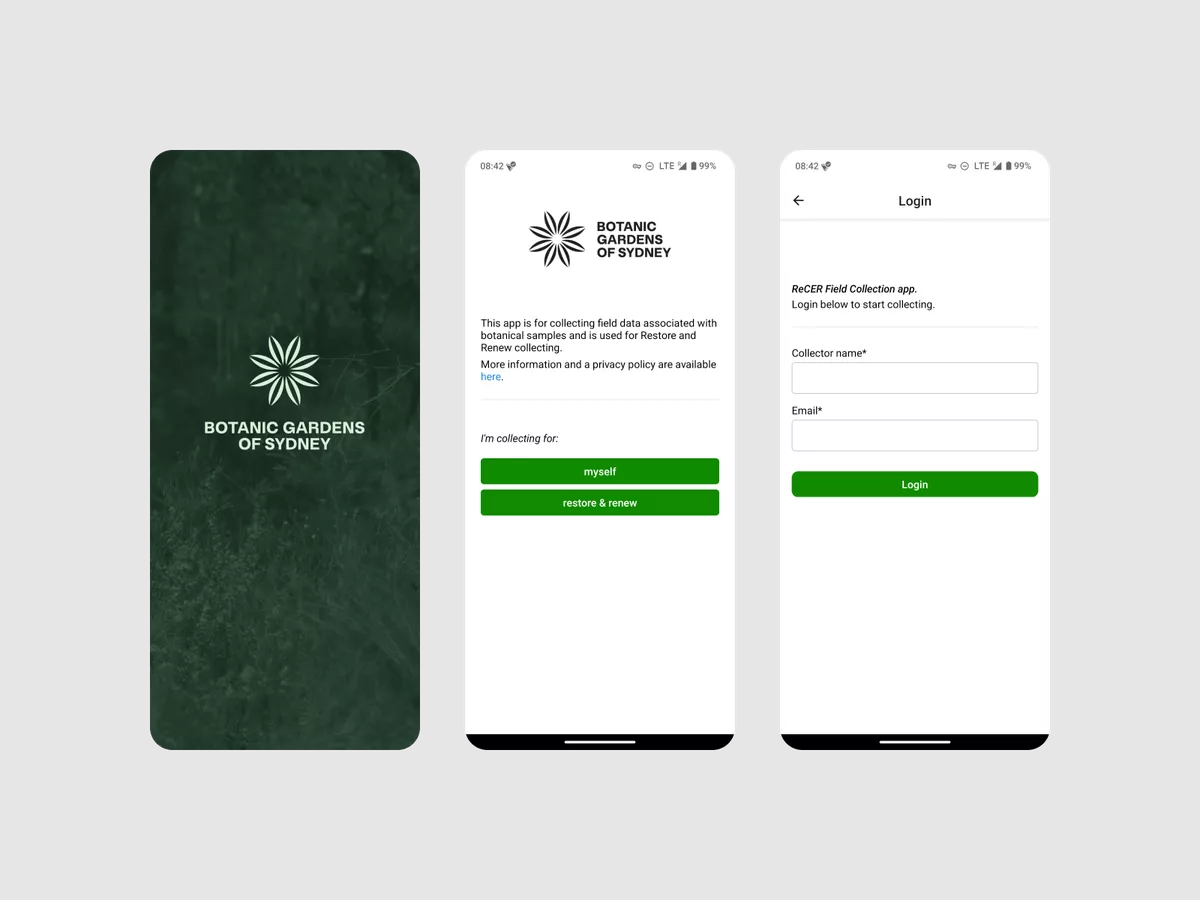 Screenshots of the loading and login screens of the Botanic Gardens of Sydney Mobile App