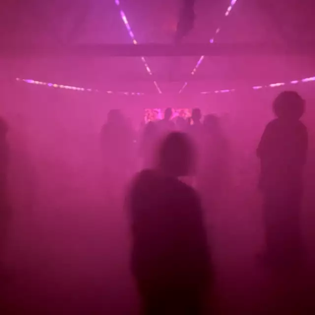Outlines of people dancing in a club with pink lighting