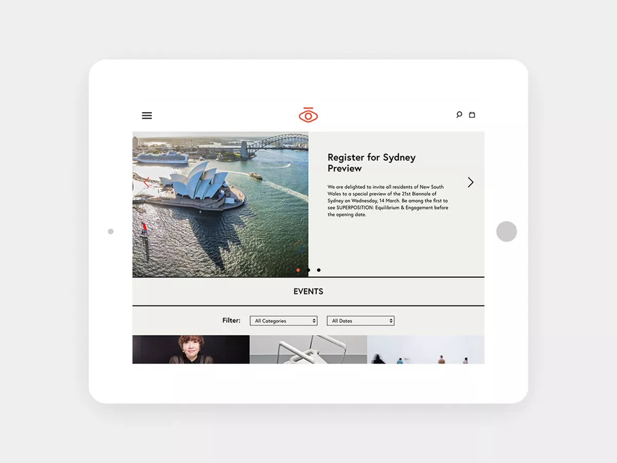 Tablet screenshot of the Biennale of Sydney website - What's On Page