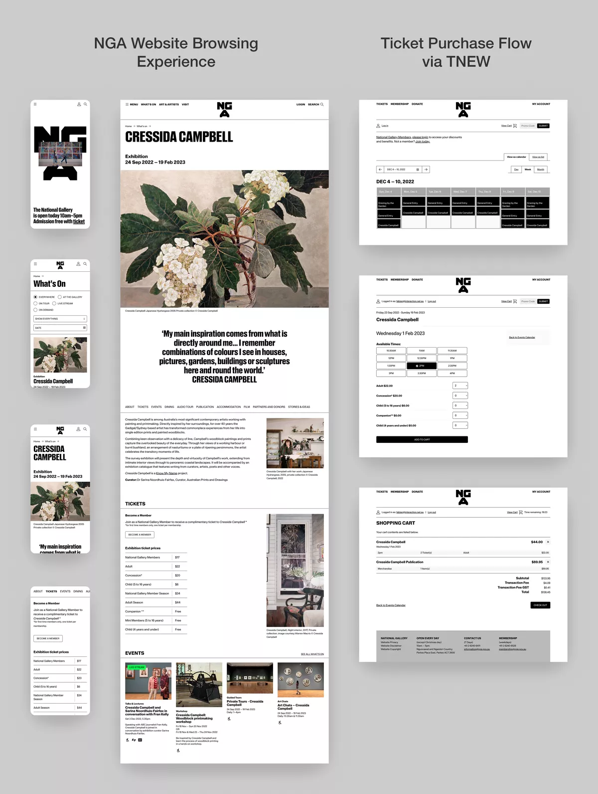 Screenshots of the TNEW purchase flow side-by-side with an event page from the NGA website