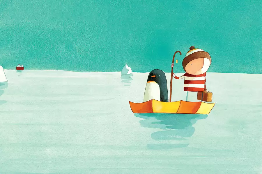 An illustration of a boy and a penguin in a small boat out at sea. Ice bergs are visible in the background.