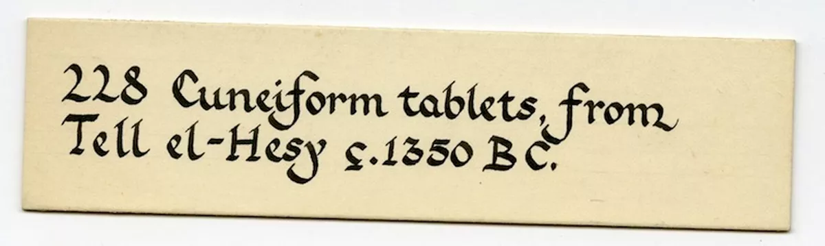 Handwritten museum label reading "228 Cuneiform tablets, from Tell el-Hesy c. 1350 BC."