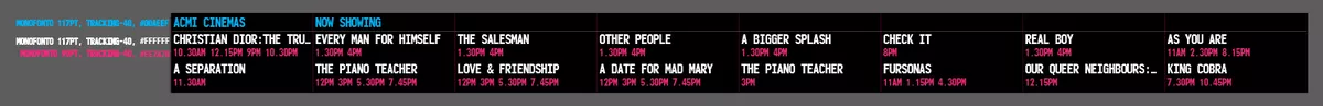 A mockup of the ACMI cinema times display