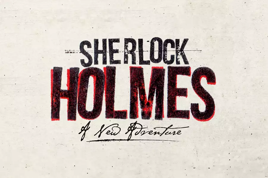 The image features text that reads "Sherlock Holmes: A New Adventure." The words "Sherlock" are in a simple, black font, while "Holmes" is bold and textured in red and black, with a distressed effect. Below "Holmes" is a stylised handwritten script that says "A New Adventure." The background is a plain, light beige colour.