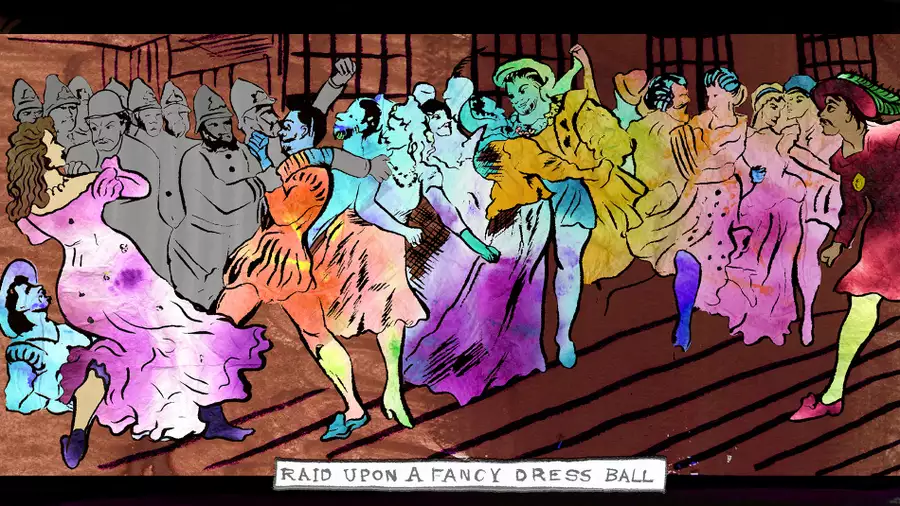 An illustration of police intercepting people at a costume ball