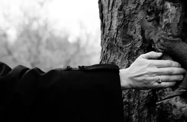 Black and white photo of a hand cupping a tree trunk