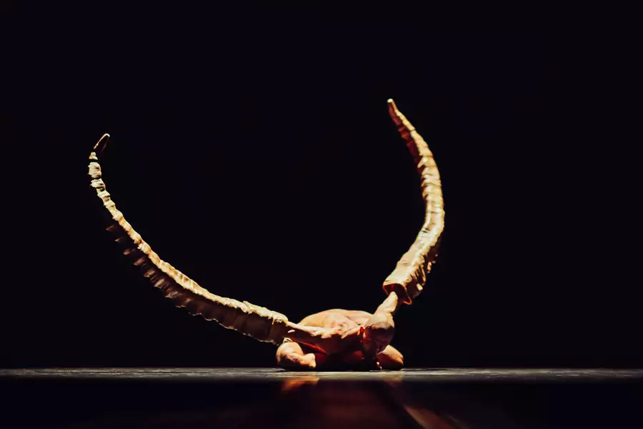 A still from Figures in Extinction [1.0] showing a performer on stage with two giant horns covering their arms
