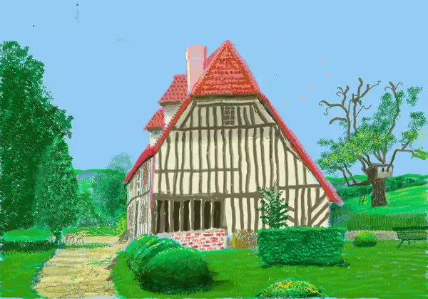 David Hockney's 'No. 339, 18th May 2020' – and iPad painting of his garden in Normandy, showing the house, green trees and grass, blue sky and a tree house