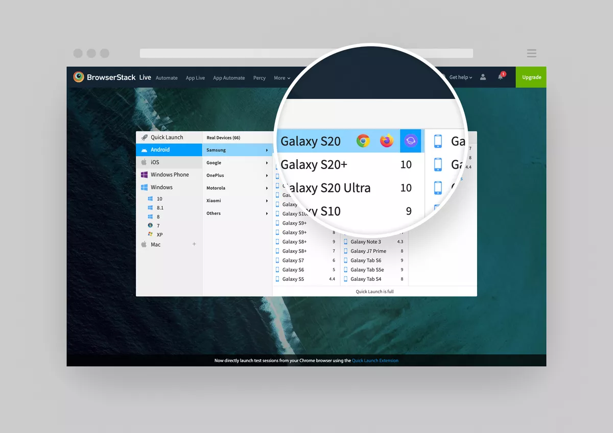 Screenshot of Browser Stack with a close up of the Samsung Internet icon