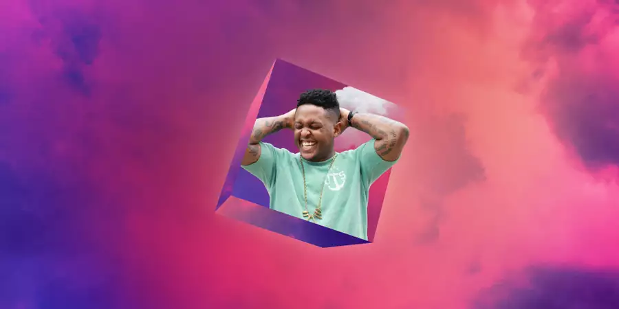 A portrait of Danez Smith on a background of dreamy purple clouds