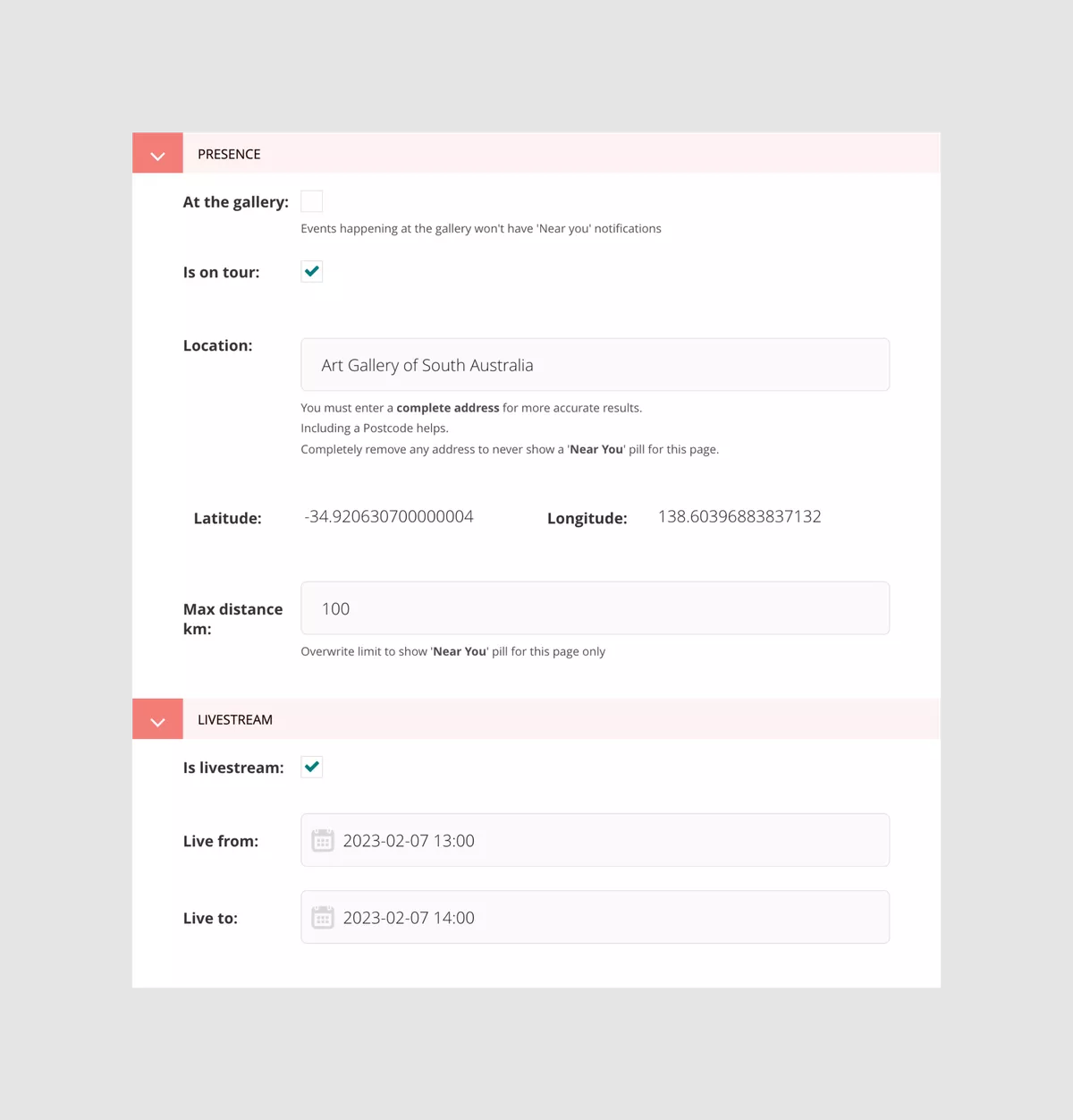 Screenshots of the NGA CMS user interface showing options for an events/exhibitions presence