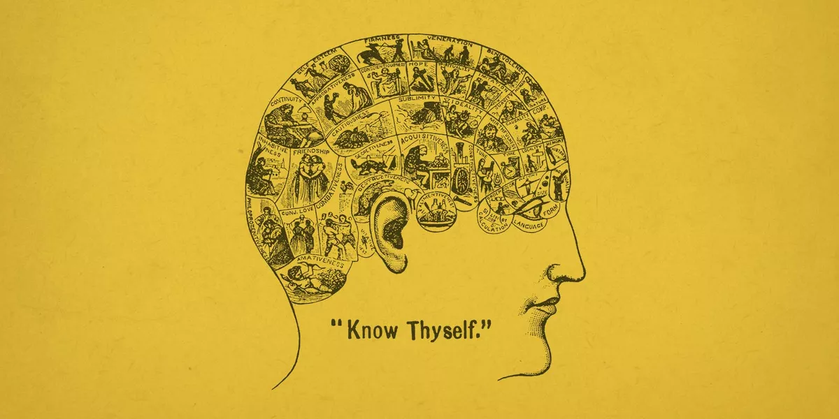 Phrenology diagram from the 1800's: illustrated human head divided up into sections, each one labelled with an emotion. A caption reads "Know thyself".