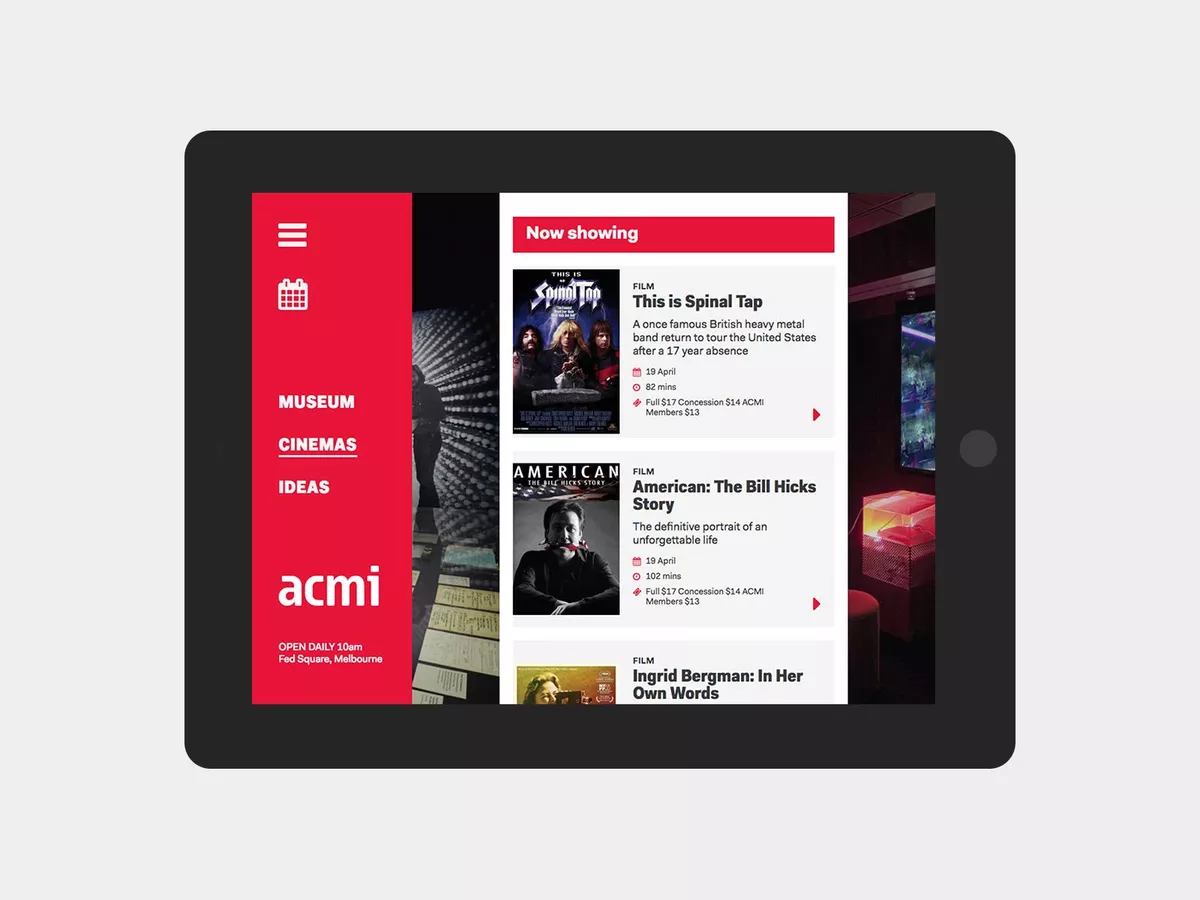 What's On page of the ACMI website on tablet