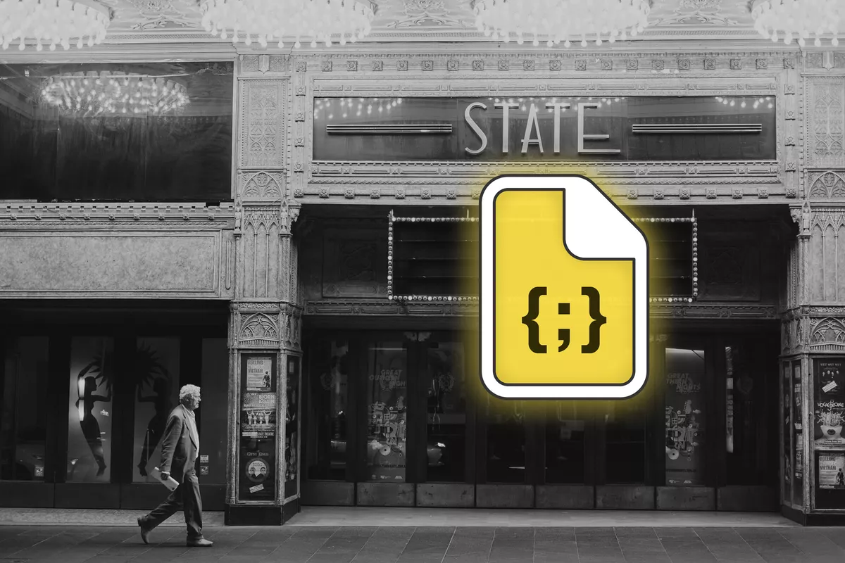 Old black and white photograph of the entrance to the State Theatre in Sydney with a stylised stylesheet icon overlayed on top