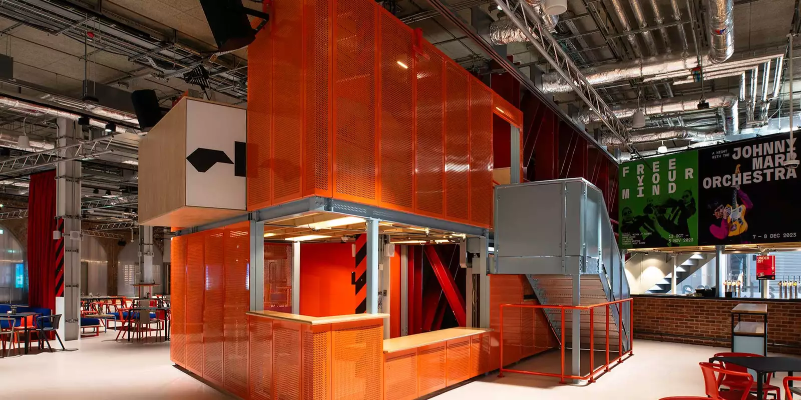 Our information desk which is in a large orange box structure