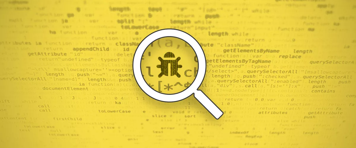 Digital illustration showing a magnifying glass icon zooming into a section of computer code and displaying a bug symbol.