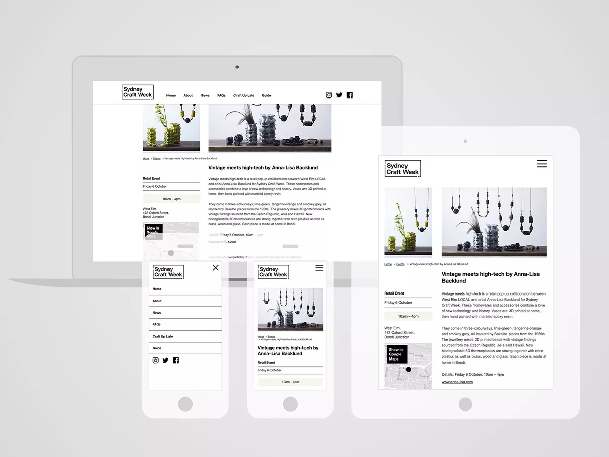 A composite image containing screenshots of the Sydney Craft Week web design displayed on a laptop, a tablet and a mobile phone