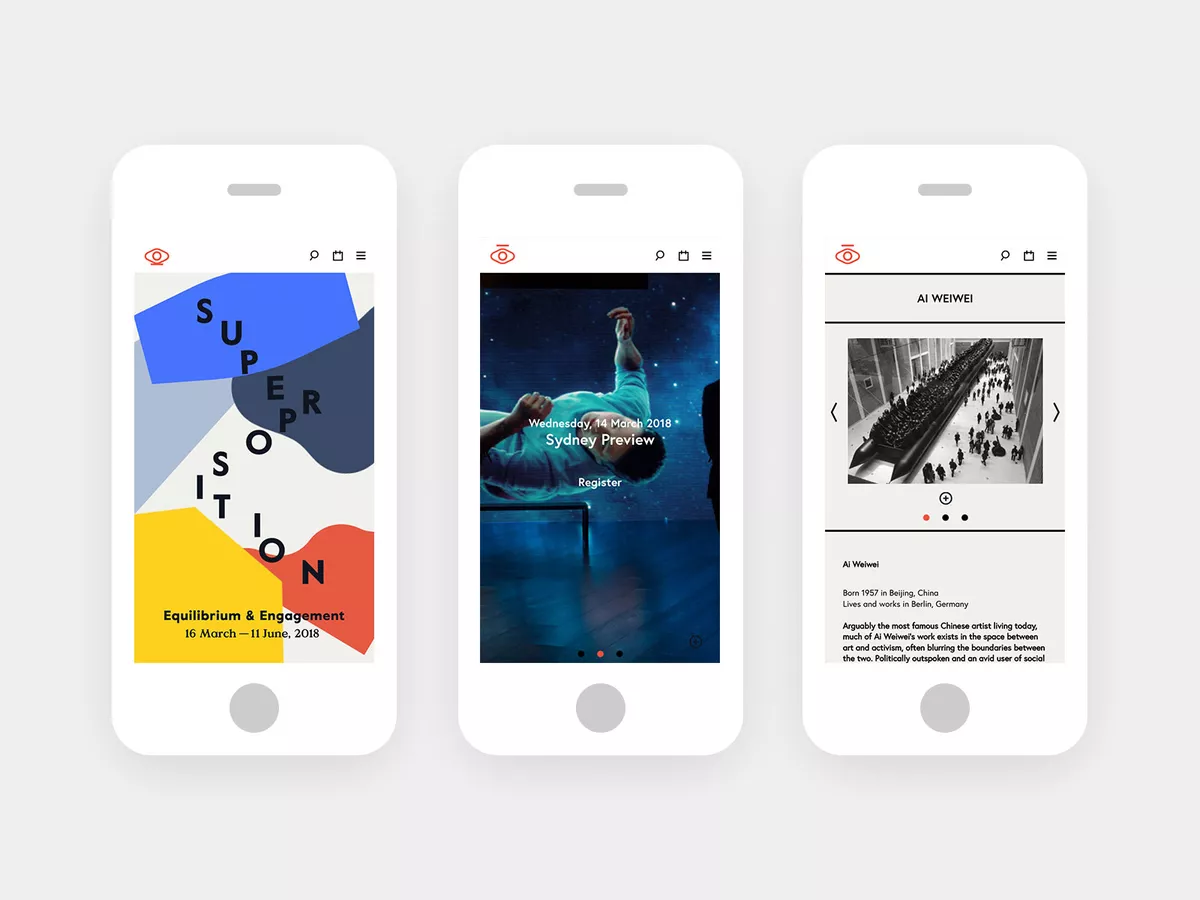 Mobile screenshots of the Biennale of Sydney website - Homepage and Artist Page