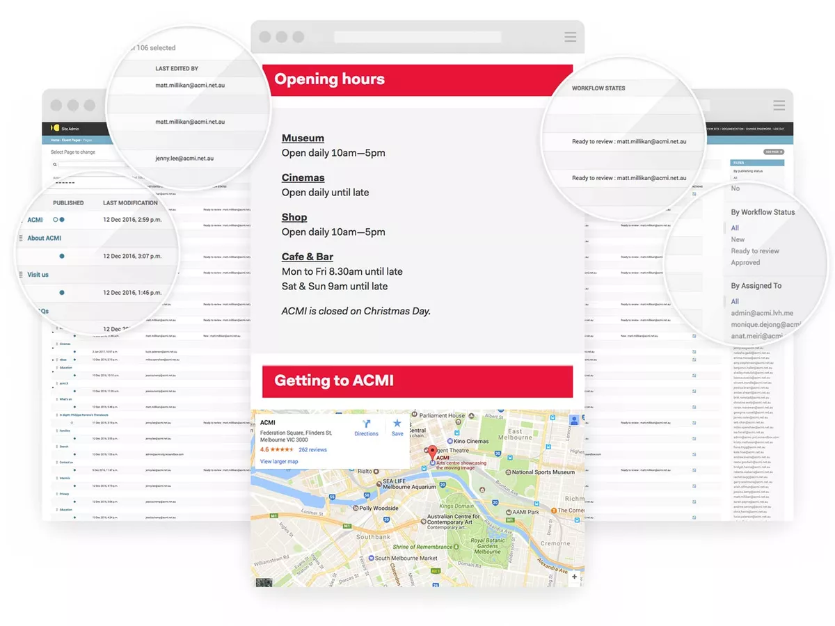 Screenshots of the ACMI CMS highlighting content publishing workflow