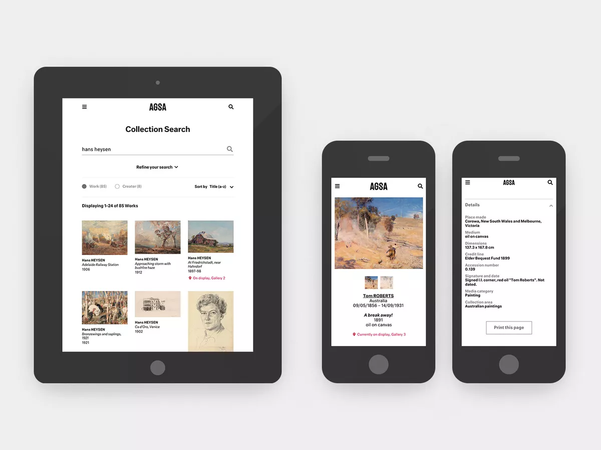 Screenshots of the online collection search on the AGSA website