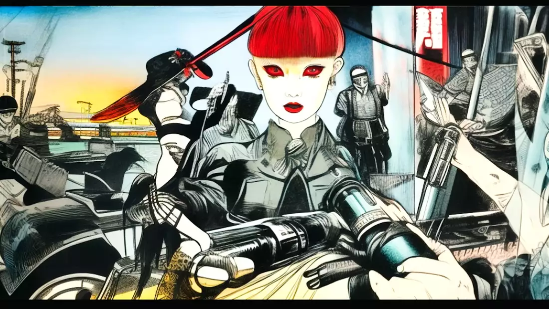 A stylized illustration featuring a futuristic character with bright red hair, wearing dark attire, surrounded by various figures in a detailed, industrial or urban setting.