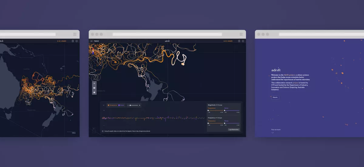 Screenshots of the Adrift app