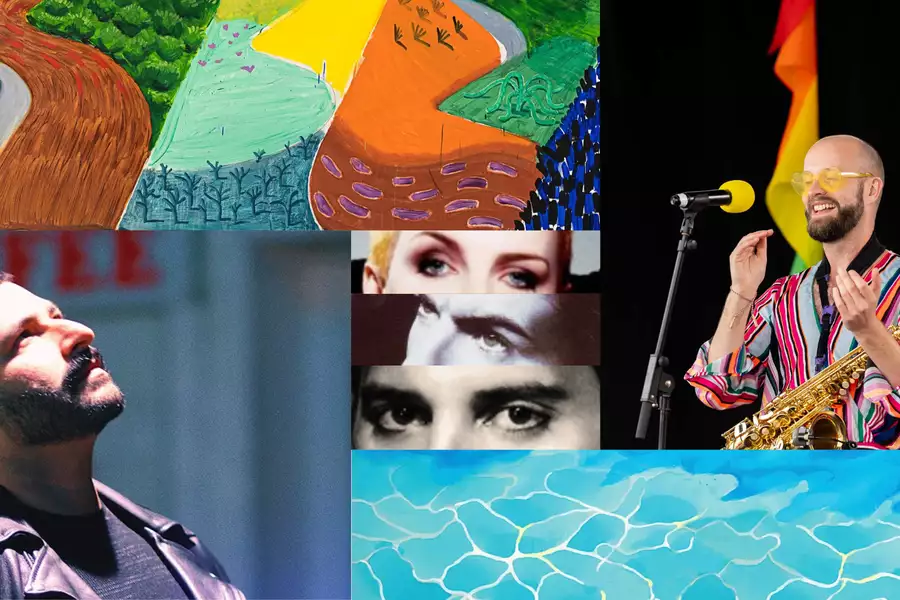 A vibrant collage featuring colourful abstract art, a pattern and two people. Jamsheed Master gazes upward in soft lighting, wearing a leather jacket. Venn Smyth performs onstage with a saxophone, yellow heart-shaped sunglasses and a striped outfit, smiling brightly with a rainbow flag in the background.