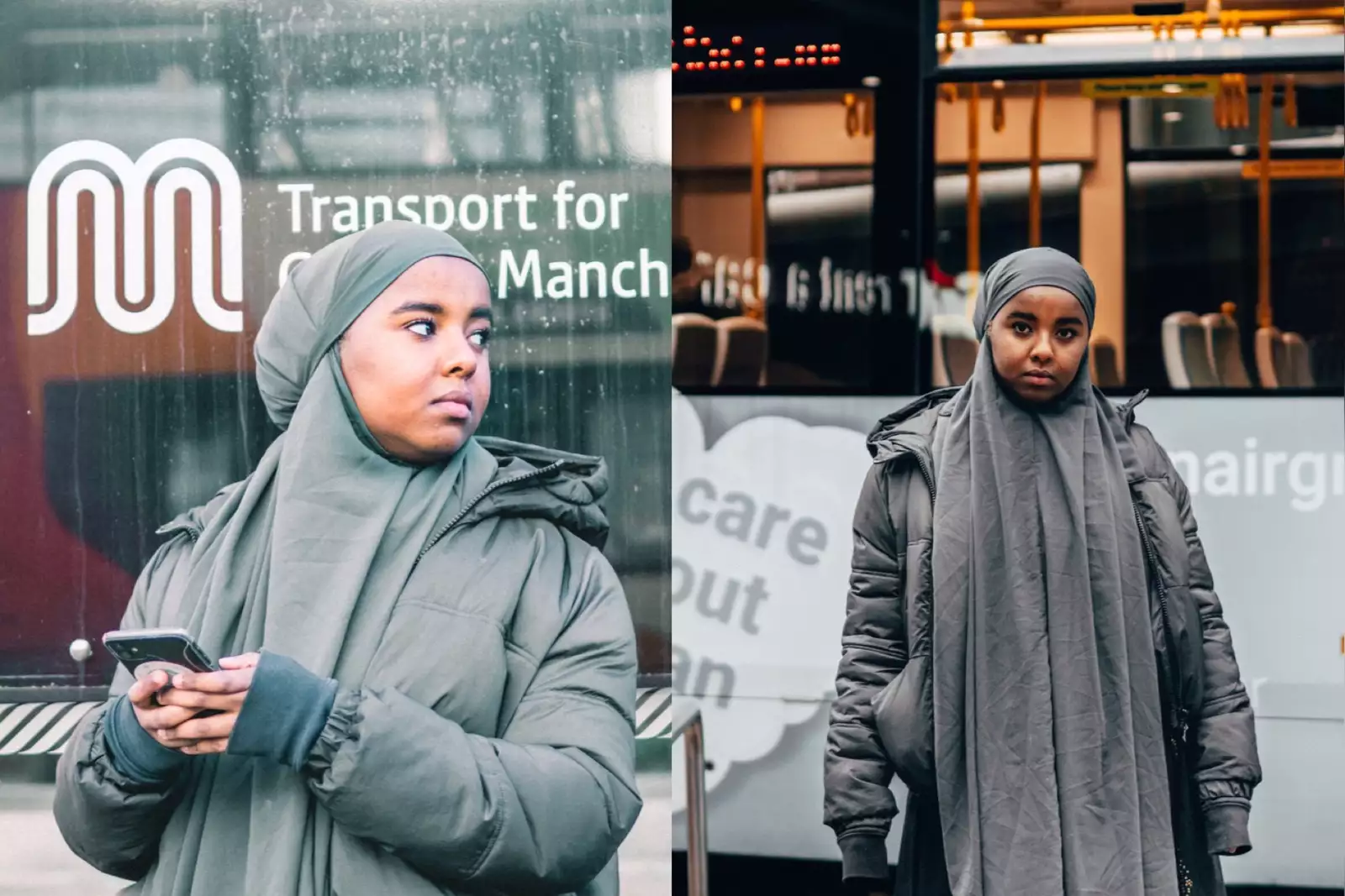 Two photographs next to each other, separated by a straight line down the middle. On the left, Ebyan holds her phone while waiting at the bus stop, looking over her shoulder. On the right, Ebyan stands in front of a bus, looking directly at the camera.