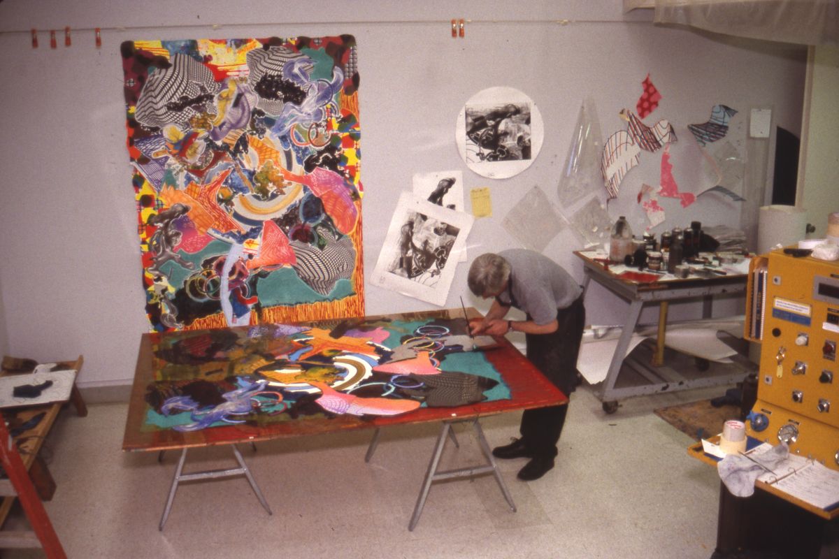 Printer Anthony Kirk inks a section of the printing element jigsaw used for Frank Stella's 'Juam' from the 'Imaginary places' series at Tyler Graphics Ltd. Mount Kisco, New York State, March, 1997