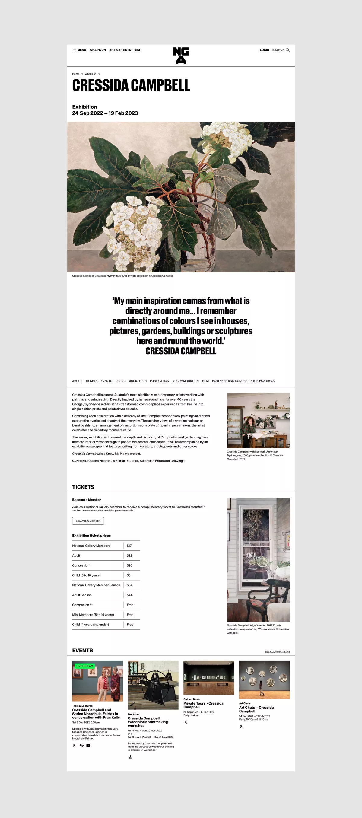 NGA website exhibition page - Cressida Campbell show