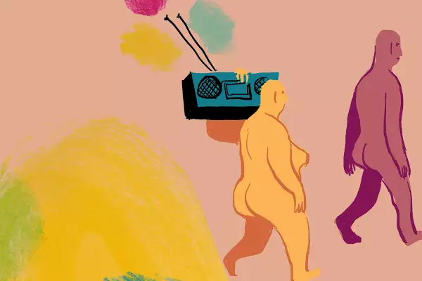 An illustration by Eleanor Davis showing two nude characters walking to the right of the frame. The character on the left holds a boombox on their shoulder.