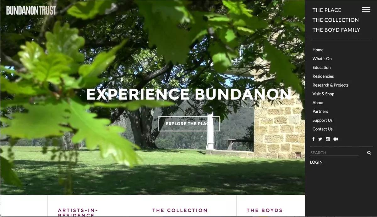 Screenshot of the Bundanon site showing the menu