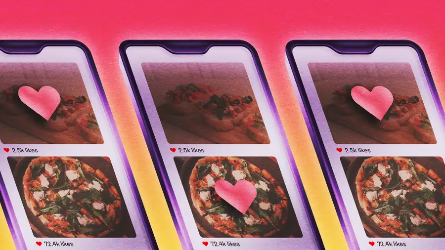 Illustration of three phones showing a social media feed of pizzas and likes – on a pink and yellow gradient background