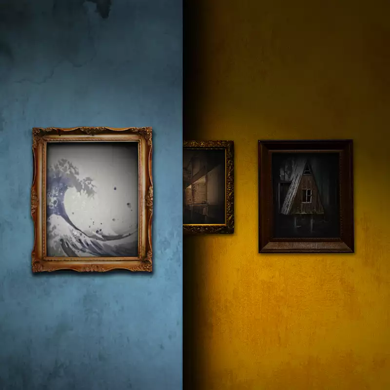The image is divided into two contrasting halves: the left side has a blue wall with a framed artwork of a stylised wave, while the right side features a yellow wall with framed pictures, including one of an abandoned house.