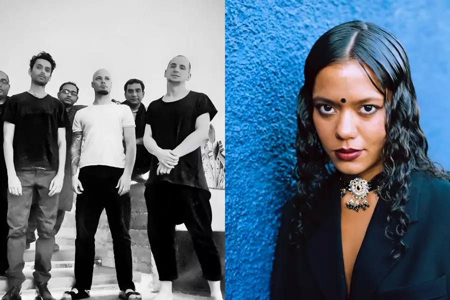 Black and white photo of 6 members of Jaubi next to photo of Tara Lily with a blue background