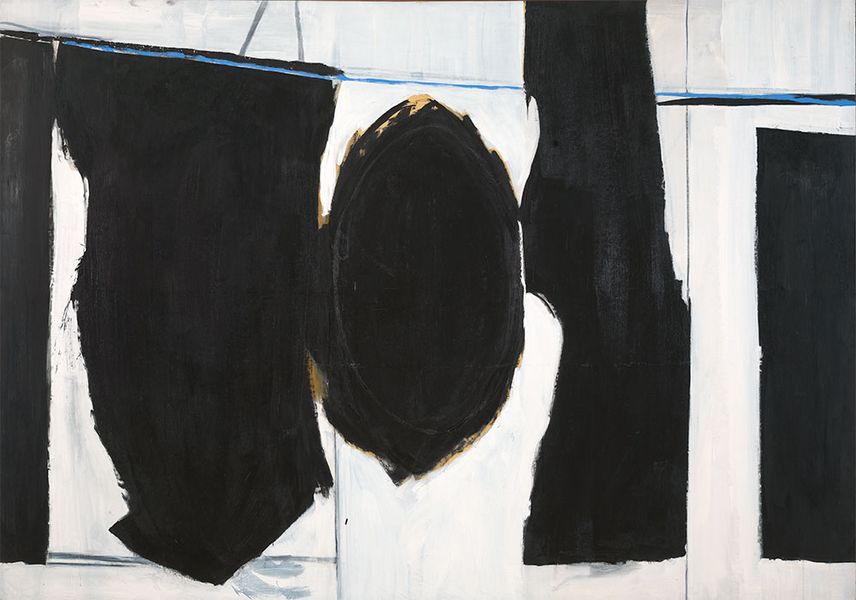 Abstract painting of black rectangular and oval shapes on a white/grey background