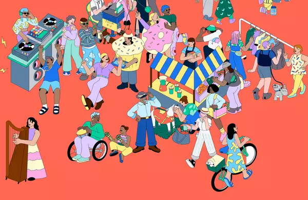 An illustrated image of people at a marketplace, playing music and dancing