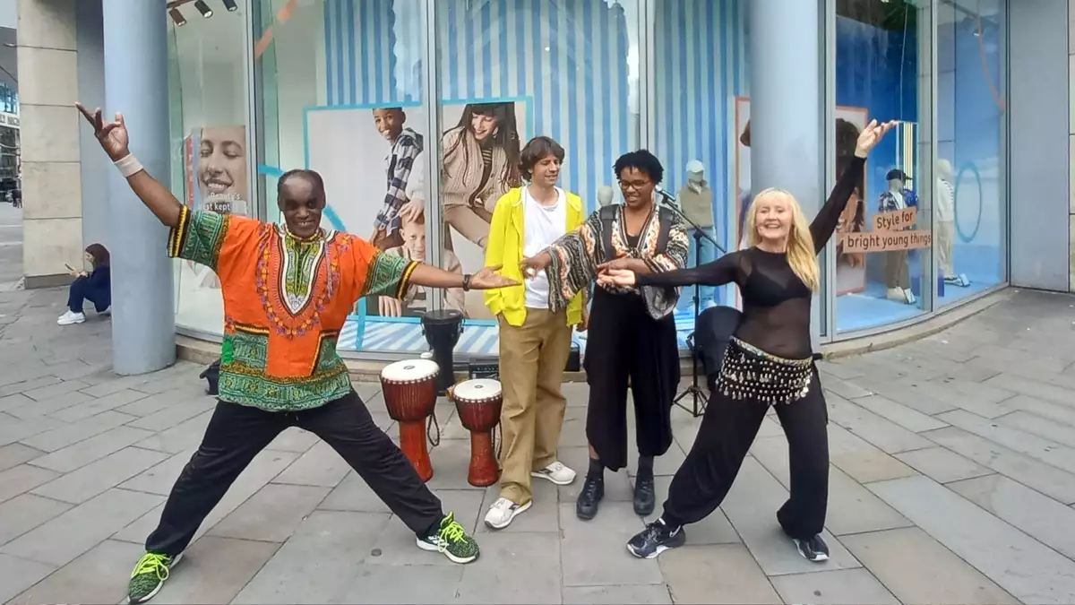 Group shot of members of the dance out percussion team