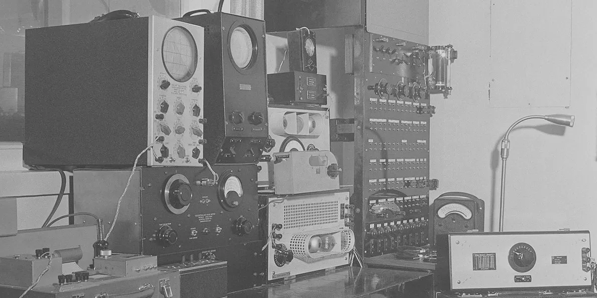 Vintage radio equipment inside a recording studio, circa 1938.