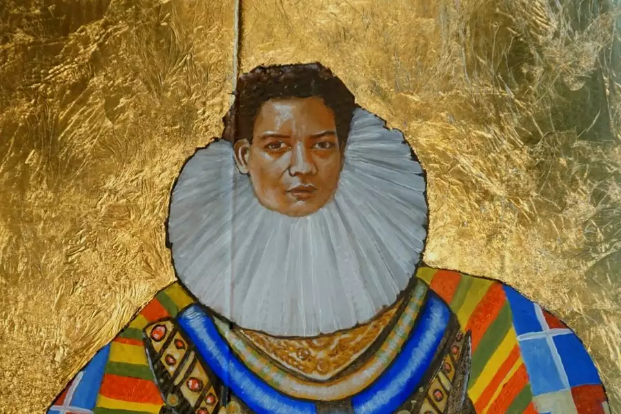 A portrait painting of a Black queen wearing a mixture of traditional European Tudor dress and West African prints