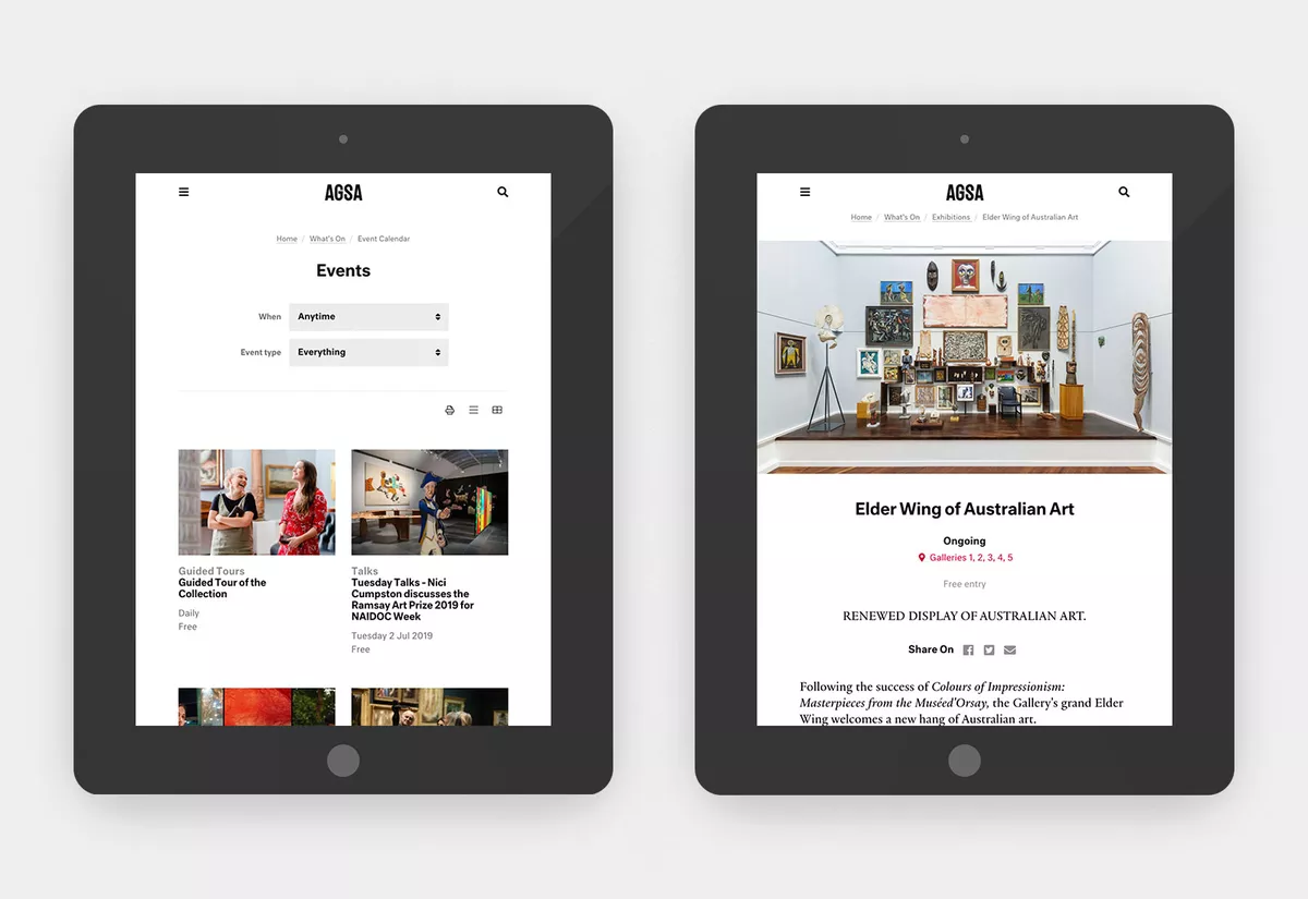 Screenshots of the AGSA Event Calendar on tablet